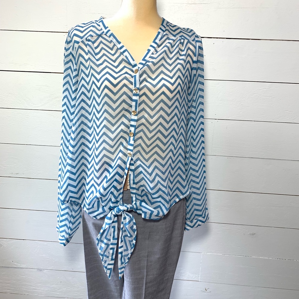 CALS blue white Chevron sheer long sleeve medium